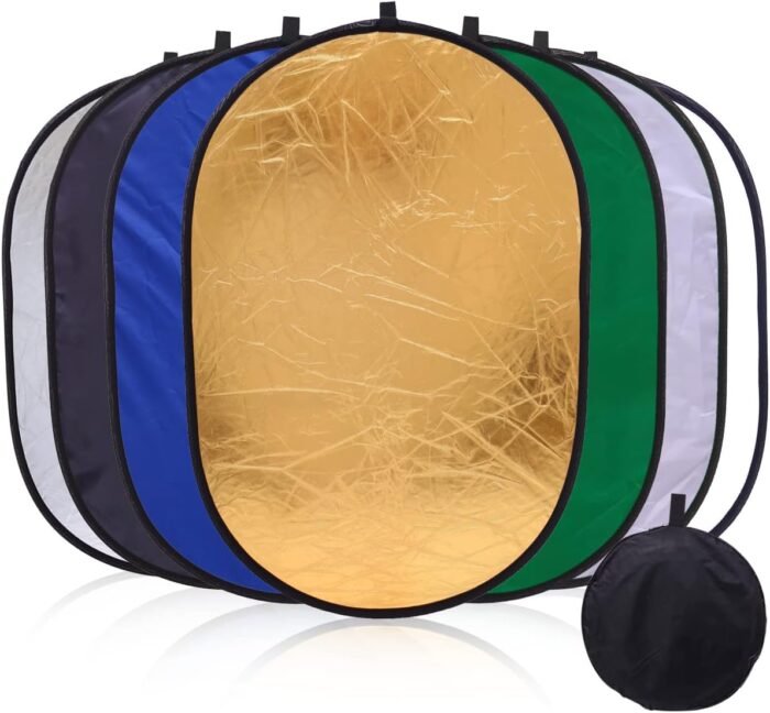 Xria Photography Light Reflector 90 x 120CM Collapsible 7-in-1 Oval Lighting Diffuser Translucent Silver Gold White Black Green Blue with Bag for Photo Studio Video Live Streaming Outdoor - Image 1