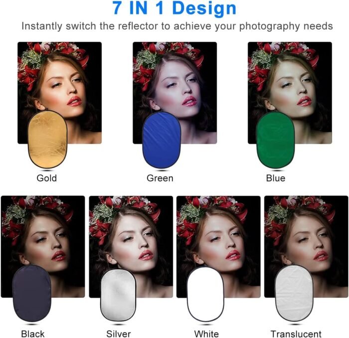 Xria Photography Light Reflector 90 x 120CM Collapsible 7-in-1 Oval Lighting Diffuser Translucent Silver Gold White Black Green Blue with Bag for Photo Studio Video Live Streaming Outdoor - Image 5