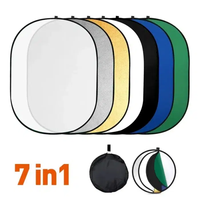 Xria Photography Light Reflector 150 x 200CM Collapsible 7-in-1 Oval Shape Lighting Diffuser Translucent Silver Gold White Black Green Blue with Bag for Photography in Studio and Video - Image 1